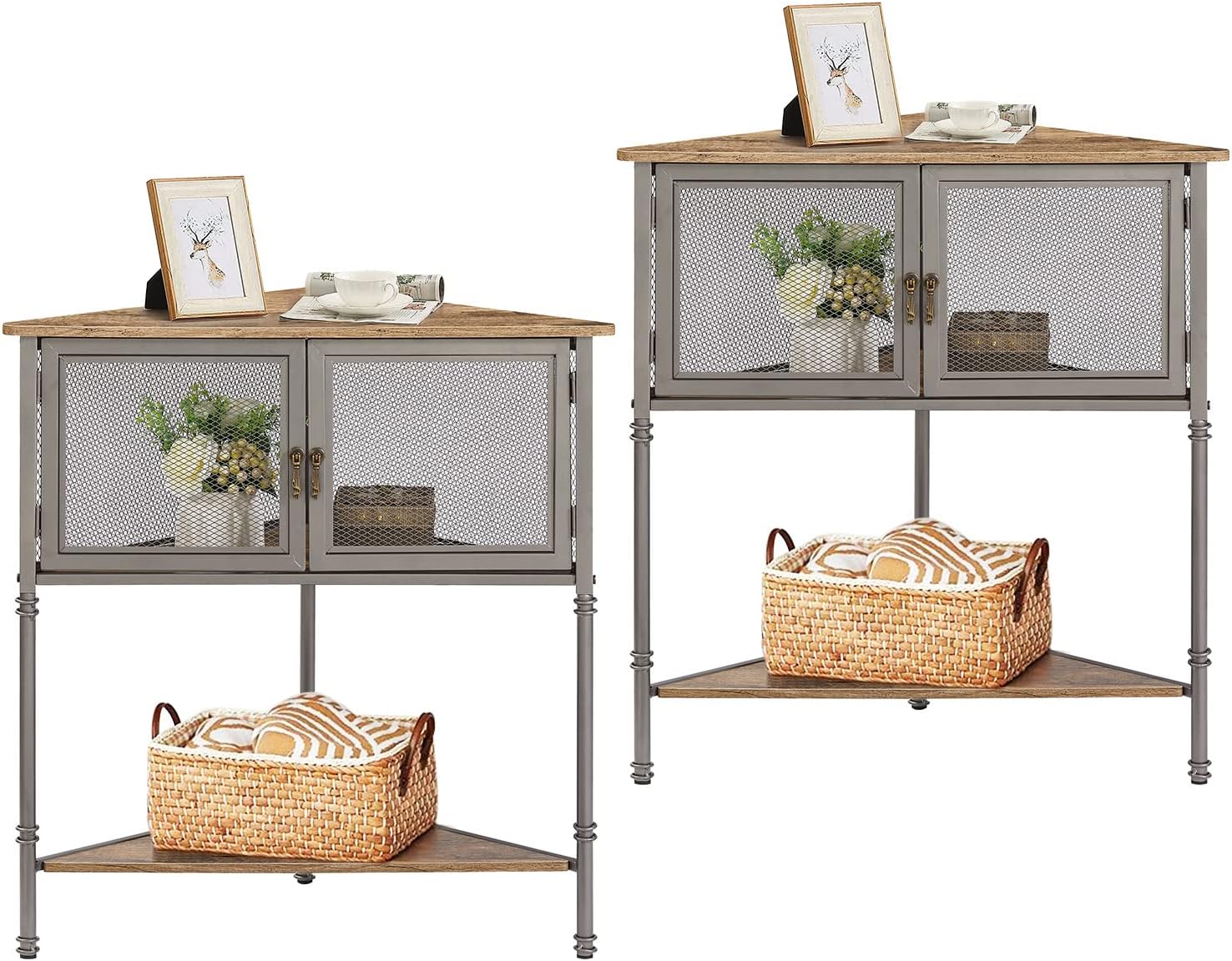 VECELO 3-Tier Corner Shelf with Storage Cabinet, 29' Tall Multiple Purpose Free Standing Shelves Organizer for Small Spaces, Living Room, Bedroom, Kitchen, Balcony, Set of 2, Grey