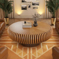 Fluted Drum Coffee Table Round Coffee Table for Living Room Mid Century Modern Coffee Tables with Sturdy Pedestal Circle Center Tea Table Accent Tea Table for Small Space Apartment (31.5' Brown)