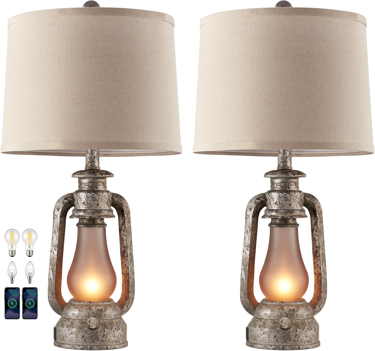 Farmhouse Rustic Table Lamps for Living Room Set of 2,Vintage Lantern Table Lamp with Dual USB Ports, 25' Tall Retro Bedside Lamp for Bedroom Nightstand, 4 Bulb Included (Iron Gray)