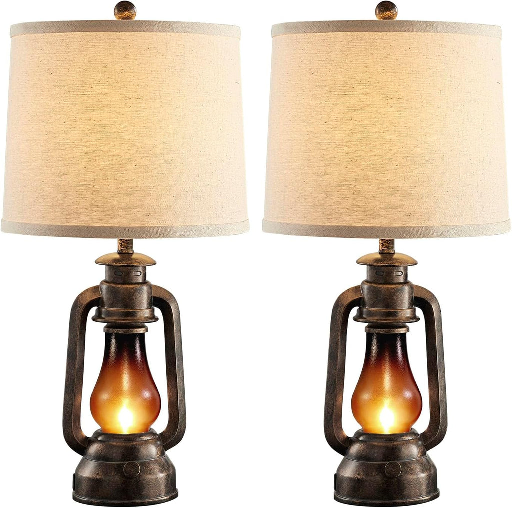 Farmhouse Rustic Table Lamps for Bedroom Set of 2, Vintage Lantern Lamp with Dual USB Charging Ports,25' Retro Antique Bedside Nightstand Desk Lamp for Living Room End Table Entryway, 4 Bulb Included