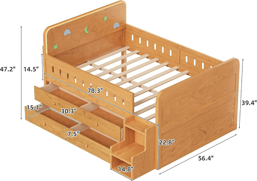 SOFTSEA Full Size Platform Bed with Storage Drawers, Solid Wood Daybed Frame with Stairs, Storage Shelves and LED Lights, Space-Saving Bed with Drawers for Bedroom, Living Room, Wood