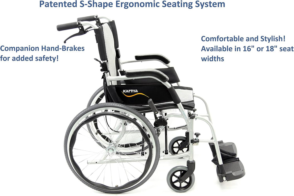 Karman Healthcare Ergonomic Wheelchair Ergo Flight with Quick Release Axles in 18' Seat, Frame, Pearl Silver, 1 Count (Pack of 1)