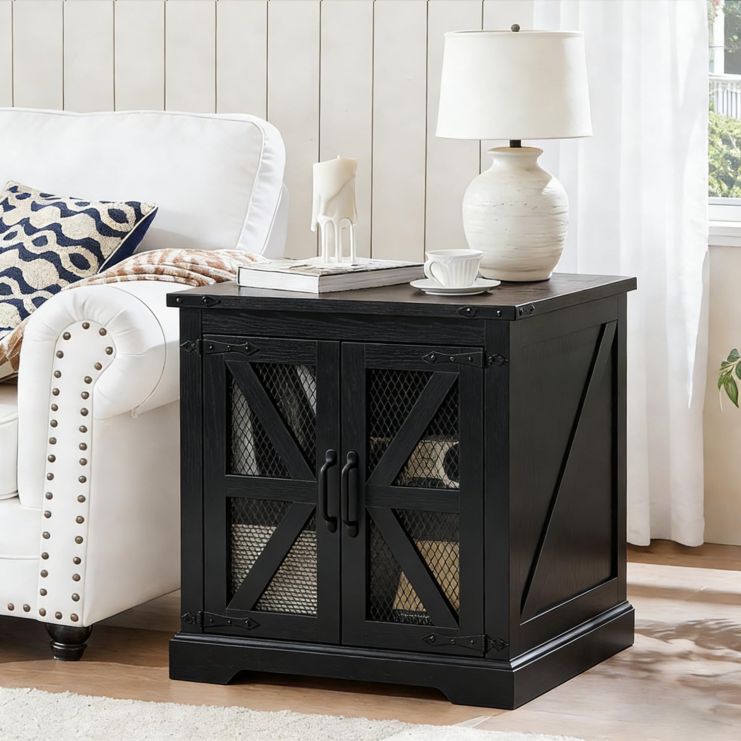 Black Farmhouse End Table Set of 2, 21' Wood Sofa Side Table with Charging Station, Rustic Nightstand with Mesh Barn Door for Living Room, Square