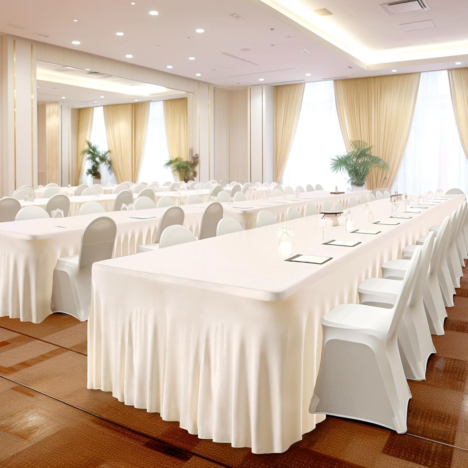 6 Pack Beige Spandex Fitted Tablecloth 8 Foot - Stretch Table Clothes for 8 FT Rectangle Table, Washable Ruffles Elastic for Weddings, Buffet, Banquet, Trade Craft Show, Party Celebration