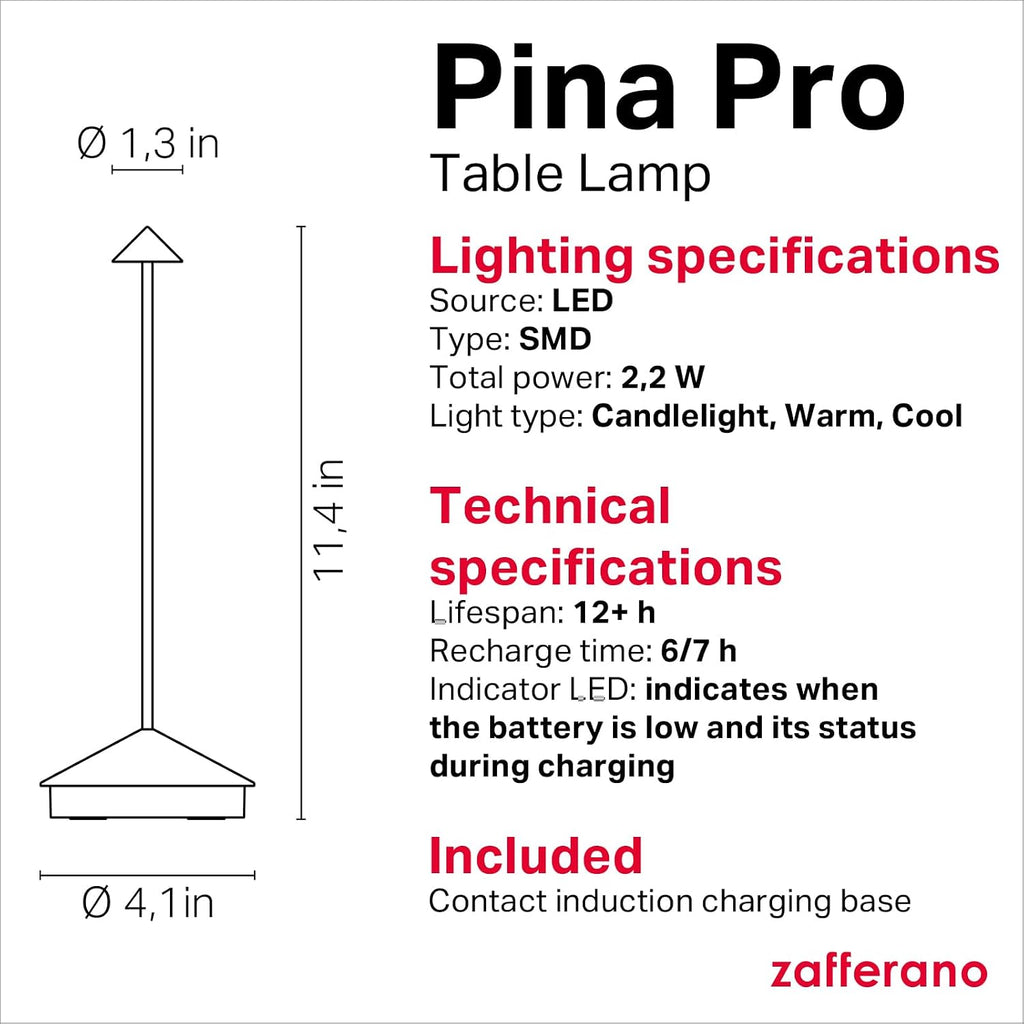 Zafferano, Pina Pro Lamp, Rechargeable Cordless Table Lamp with Touch Controls, Suitable for Indoor and Outdoor, Dimmer, 2200-3000 K, Height 11.4 Inches, Rust Color