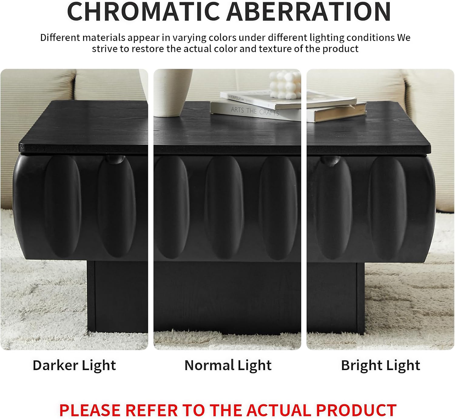 LKTART 31' Lift Top Coffee Table for Living Room, Fluted Coffee Table with Hidden Storage Compartment, Mid Century Modern Solid Wood Veneer Square Center Table for Office Apartment Small Space, Black