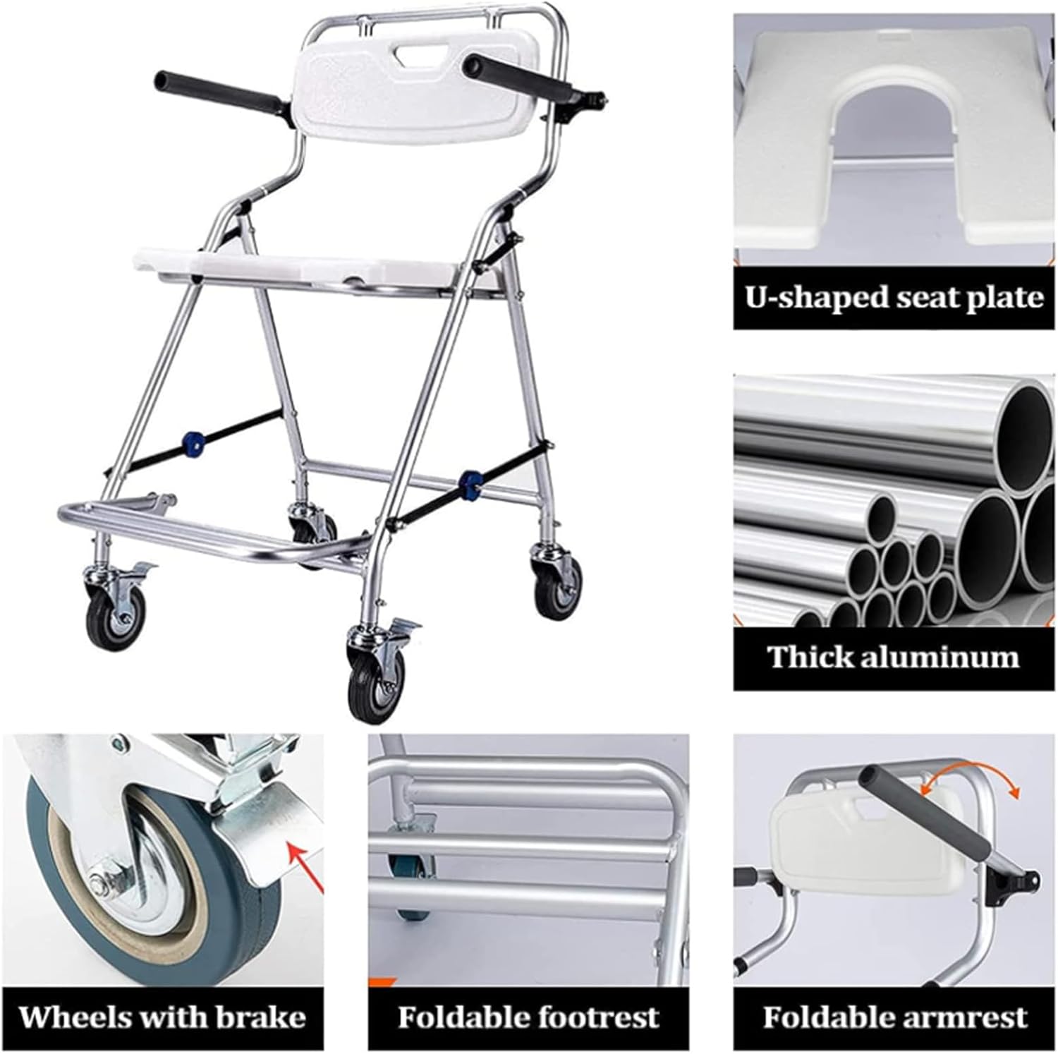 Portable Commode Chair, Commode Toilet Chair with Arms, Shower Seats for Elderly Foldable with Back, Ergonomic Seat, Mobility & Daily Living Aids, Load Capacity 150kg