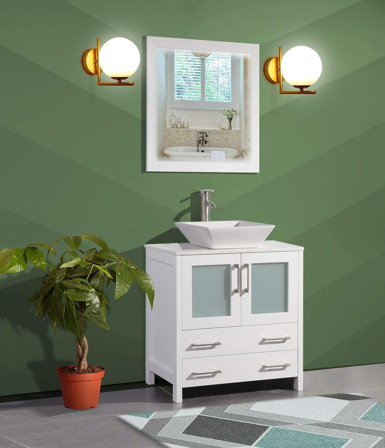 Vanity Art 30 Inch Vessel Single Sink Bathroom Vanity Cabinet with 1 Mirror, Engineered Marble Top Bathroom Cabinet Compact Set with 2 Dovetail Drawers and Soft Closing Doors, VA3130-W