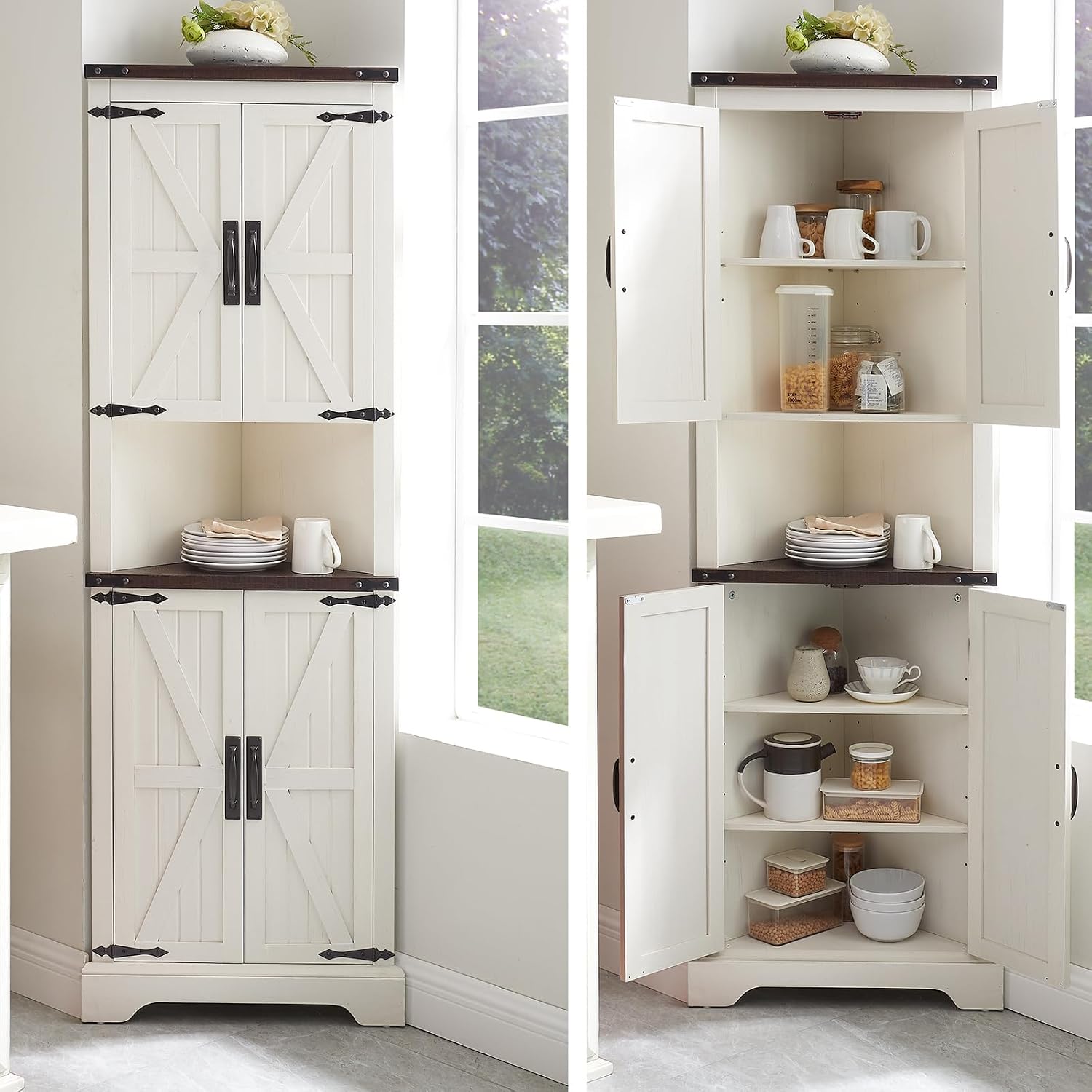 Minifeel Tall Farmhouse Corner Cabinet with 4 Doors and Adjustable Shelves, Farmhouse Storage Cabinet with Barn Door Design, Home Space Saver for Living Room, Kitchen, Laundry Room (Antique White)