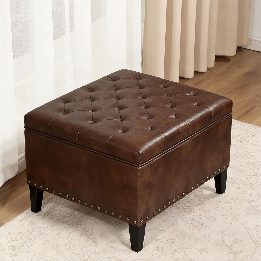 Homebeez Faux Leather Storage Ottoman Bench, Square Coffee Table Footstool Footrest with Wood Legs for Living Room (Distressed Brown)