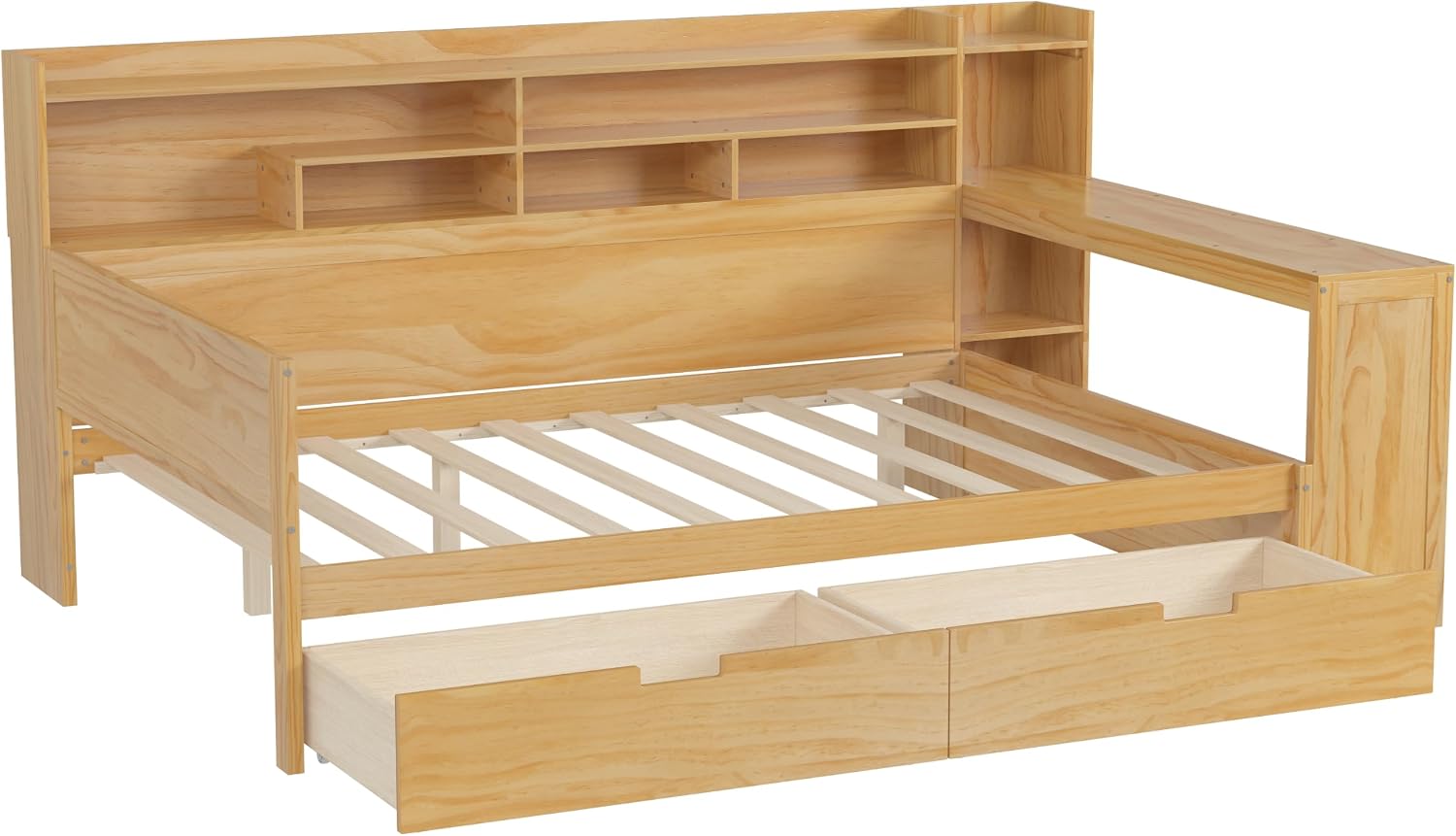 LUMISOL Full Size Daybed with Desk & Storage, Wooden Corner Bed Frame with Storage Drawers & Shelves for Living Room, Guest Room, No Box Spring Needed, Natural