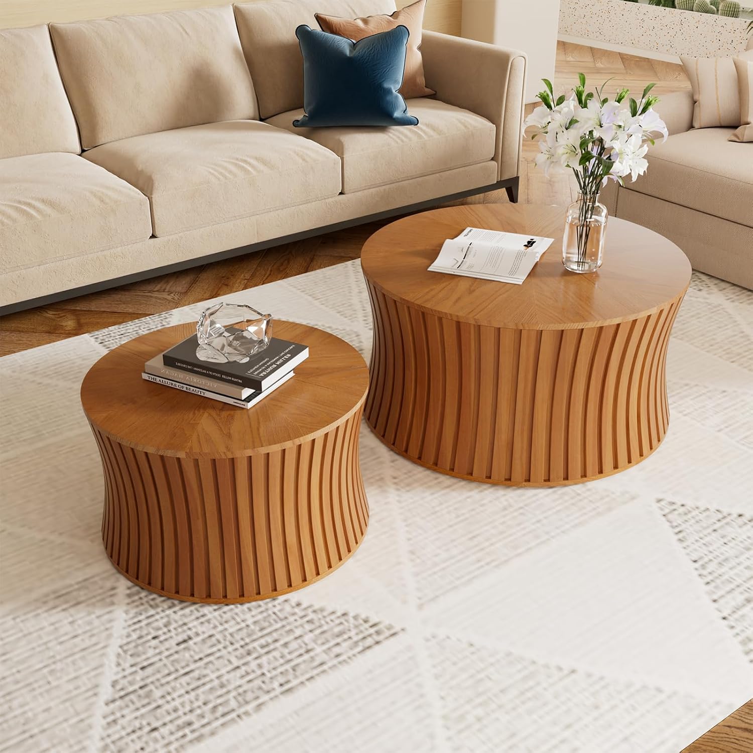 Round Wood Coffee Table Set of 2 Modern Circle Nesting Coffee Table Handcrafted Drum Nesting Table Nesting Coffee Tables for Living Room for Small Space (Brown (D26.4+D19.68 inch))