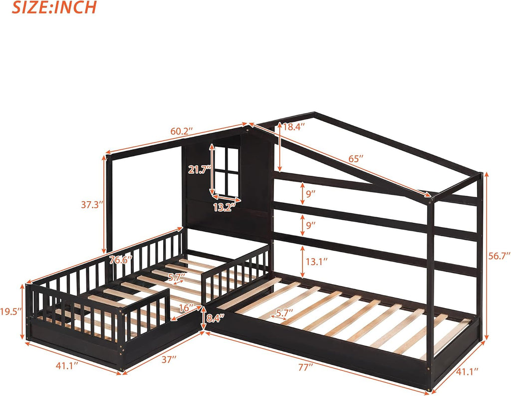 CITYLIGHT Wood L Shaped House Bed Frame, Twin Size Montessori Corner Bed with Roof, Window & Fence, Modern House Shaped Bed for 2 Kids, Espresso