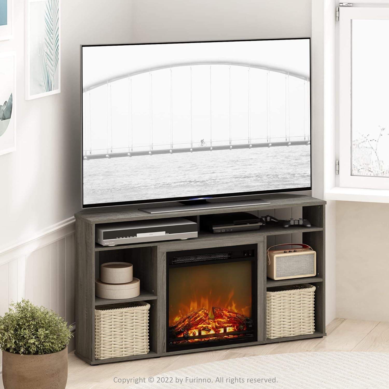 HomeStock Electric Fireplace TV Stand - Corner Entertainment Center for TVs up to 55 Inch French Oak Grey/Corner with Top Shelf