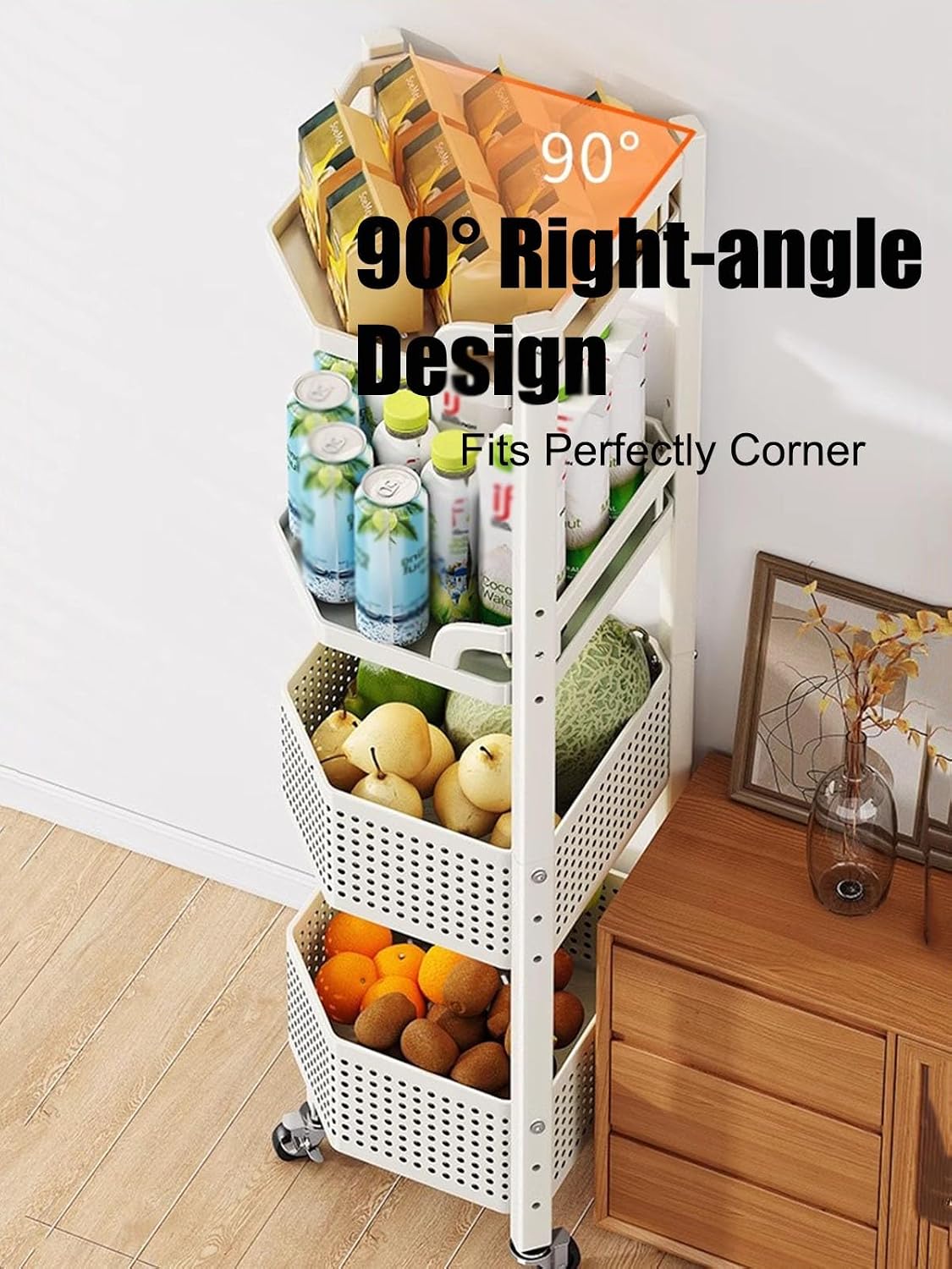 White Corner Shelf Stand, 4-Tier Corner Storage Rack, Corner Shelving Unit, Modern Display Shelf for Living Room, Bedroom, Kitchen (Color : with 1 Basket, Size : 4 Tier)