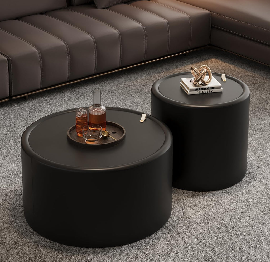 Black Round Coffee Table with Hidden Storage, 27.56' Drum Coffee Table with Tempered Glass Top and PU Leather Body, Circle Cocktail Tea Table for Living Room, No Assemble