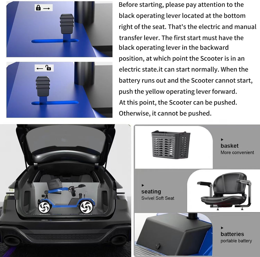 20A 32miles Mobility Scooter for Adults Wheelchair Device for Travel, Elderly. 350 lbs Max Weight, 350W 4-Wheel Powered Mobility Scooters for Seniors (Y3-BLUE2)