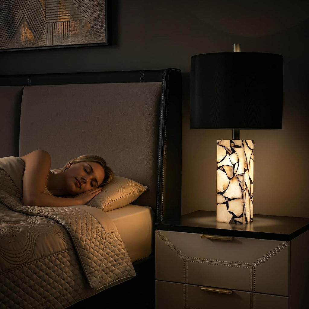 Scenekoy 23' Alabaster Table Lamps Set of 2 with Night Light for Living Room, Rotary Switch, Black Modern Table Lamp with Black Linen Shade, Nightstand Lamp for Bedroom Bedside Office (Bulb Included)