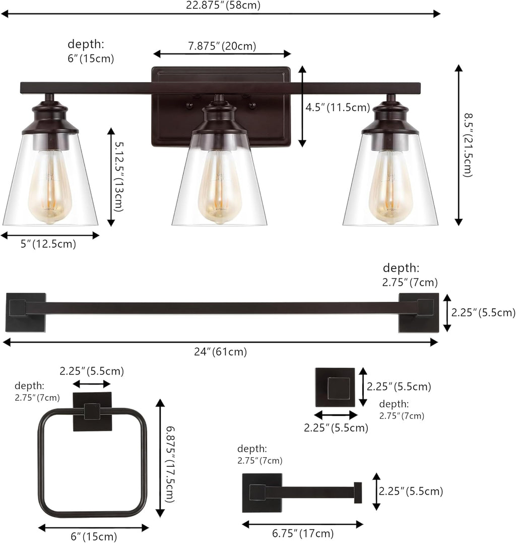 JONATHAN Y JYL1500A Arlo 22.88' 3-Light Vintage Classic Vanity Light with Bathroom Hardware Accessory Set, Oil Rubbed Bronze (5-Piece) - Towel Bar & Ring, Toilet Paper Holder, Robe Hook