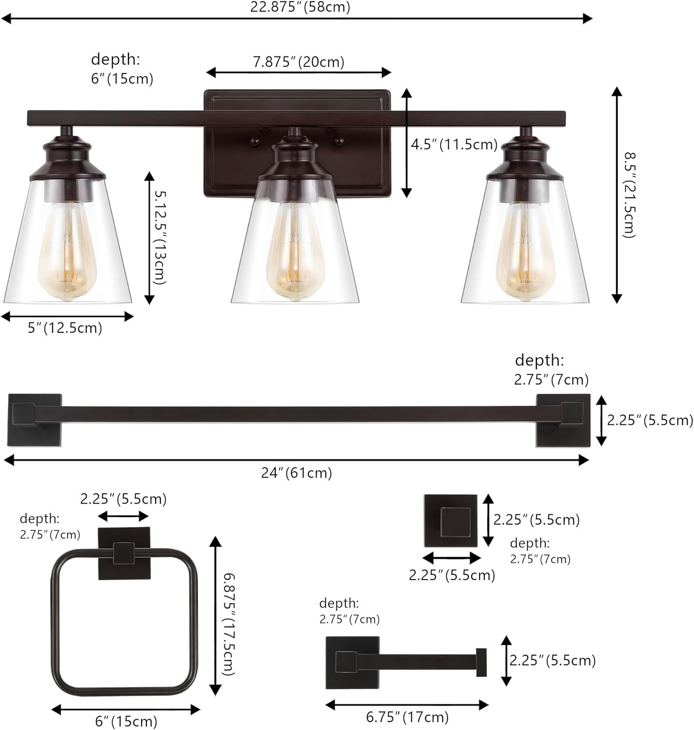 JONATHAN Y JYL1500A Arlo 22.88' 3-Light Vintage Classic Vanity Light with Bathroom Hardware Accessory Set, Oil Rubbed Bronze (5-Piece) - Towel Bar & Ring, Toilet Paper Holder, Robe Hook