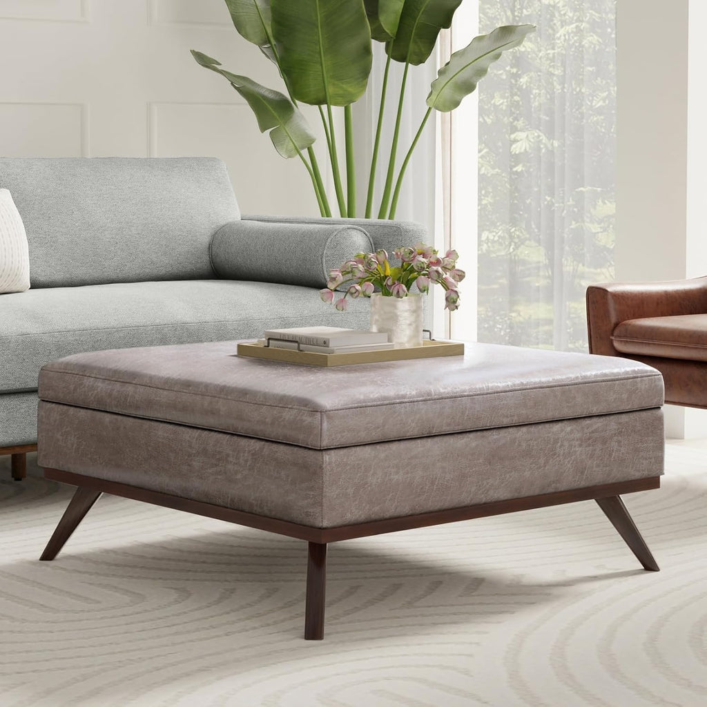 SIMPLIHOME Owen XL Square Coffee Table Storage Ottoman - 40 inch Wide Upholstered Vegan Leather Lift-Top Ottoman in Distressed Grey Taupe, Mid-Century Modern Ottoman for Living Room with Storage