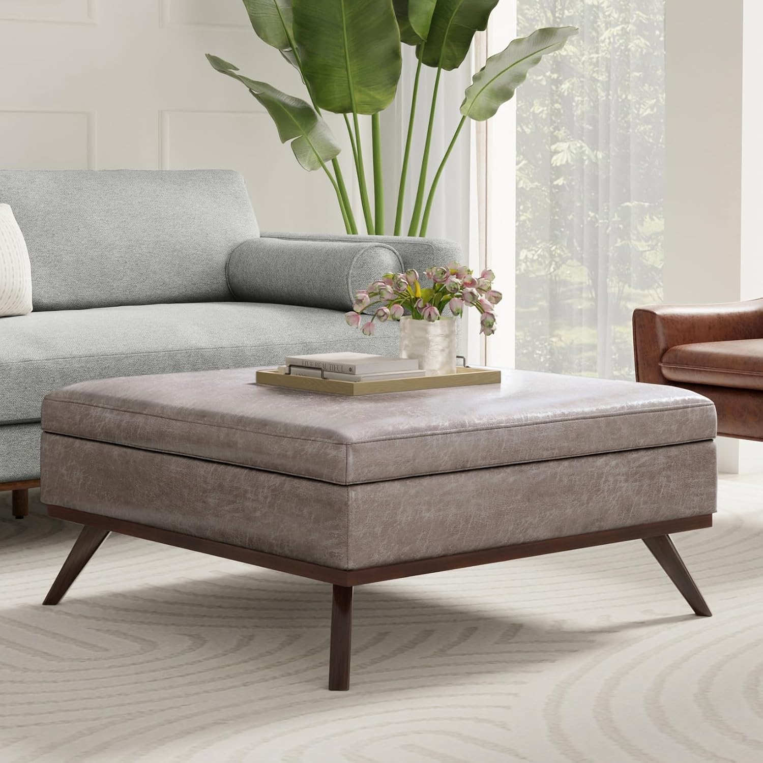 SIMPLIHOME Owen XL Square Coffee Table Storage Ottoman - 40 inch Wide Upholstered Vegan Leather Lift-Top Ottoman in Distressed Grey Taupe, Mid-Century Modern Ottoman for Living Room with Storage