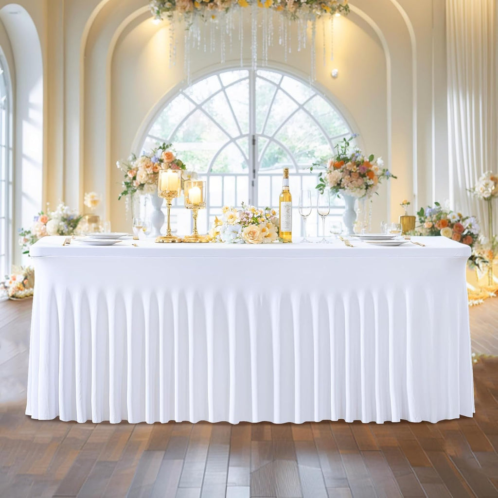 Besutolife 6 Pack White Spandex Tablecloth for 8ft Rectangle Tables Fitted Table Cloth Stretch Table Covers Skirt 8ft Rectangular Tablecloths for Banquet Parties Wedding Decorations