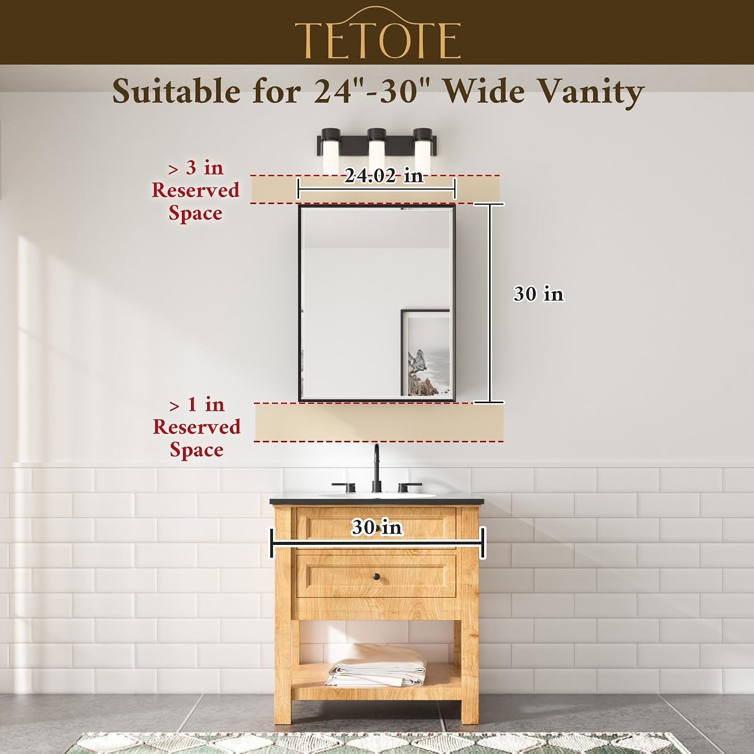 TETOTE Medicine Cabinet 24' x 30' Bathroom Mirror with Storage White Medicine Cabinet with Mirror for Bathroom, Beveled Framed, Adjustable Shelves, Surface Mount or in Wall