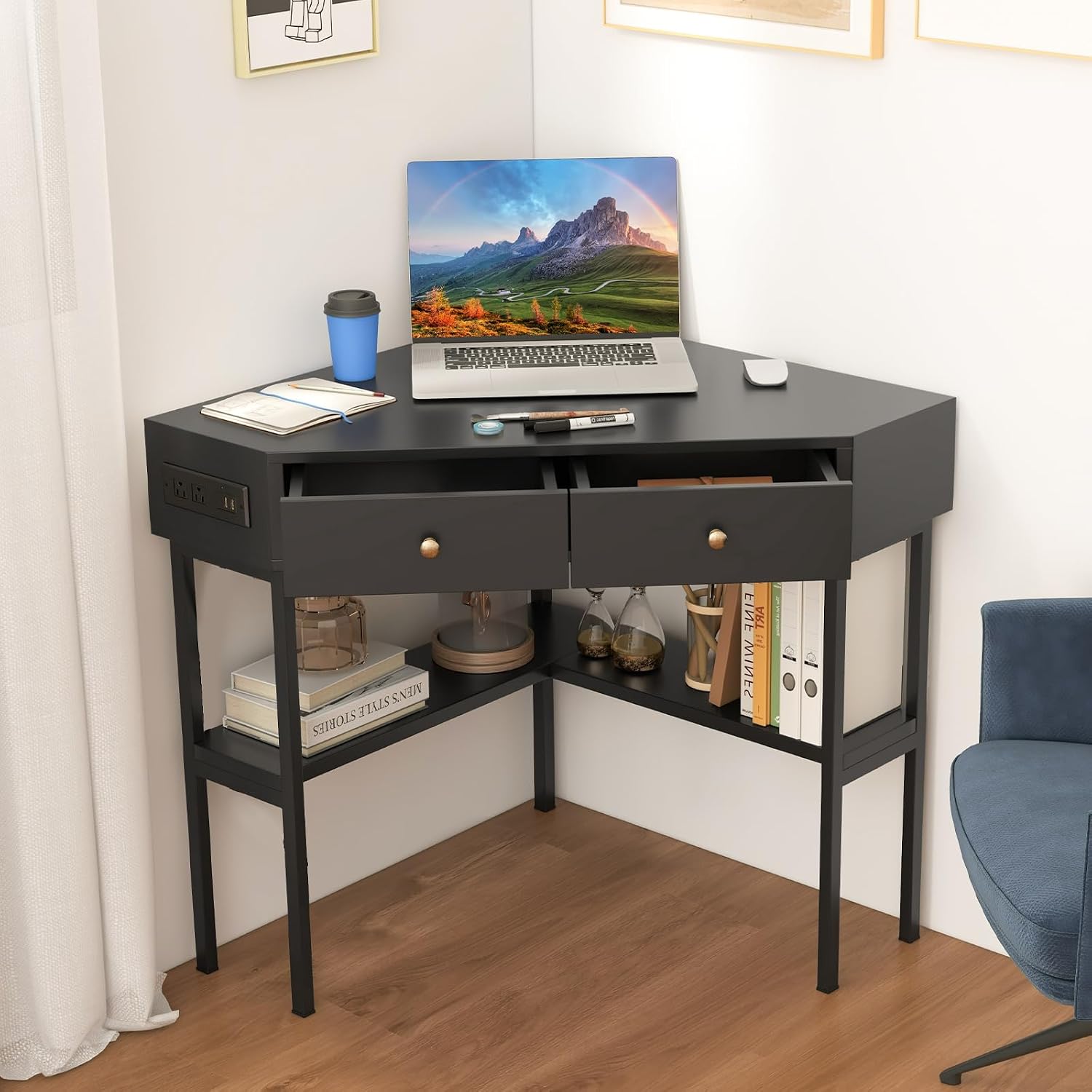 Giantex Corner Desk with Charging Station, 90 Degree Triangle Computer Desk with 2 Drawers & Storage Shelf, L-Shaped Writing Desk Makeup Vanity Table, Compact Corner Desk for Small Spaces (Black)