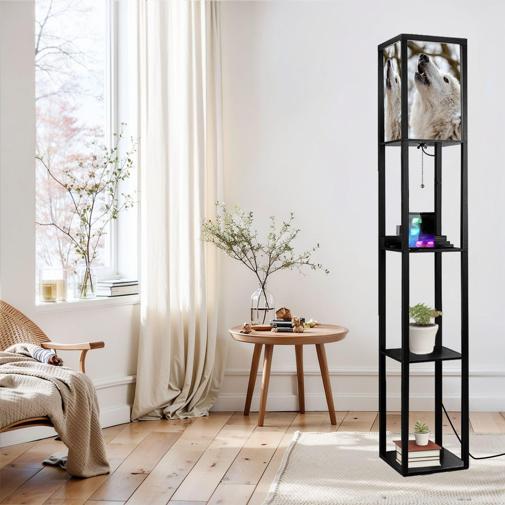 Floor Lamp with Shelves Howling Lupus hudsonicus Standing Tall Lamp USB Ports & Power Outlet Modern Corner Lamp Nightstand Light for Living Room Bedroom