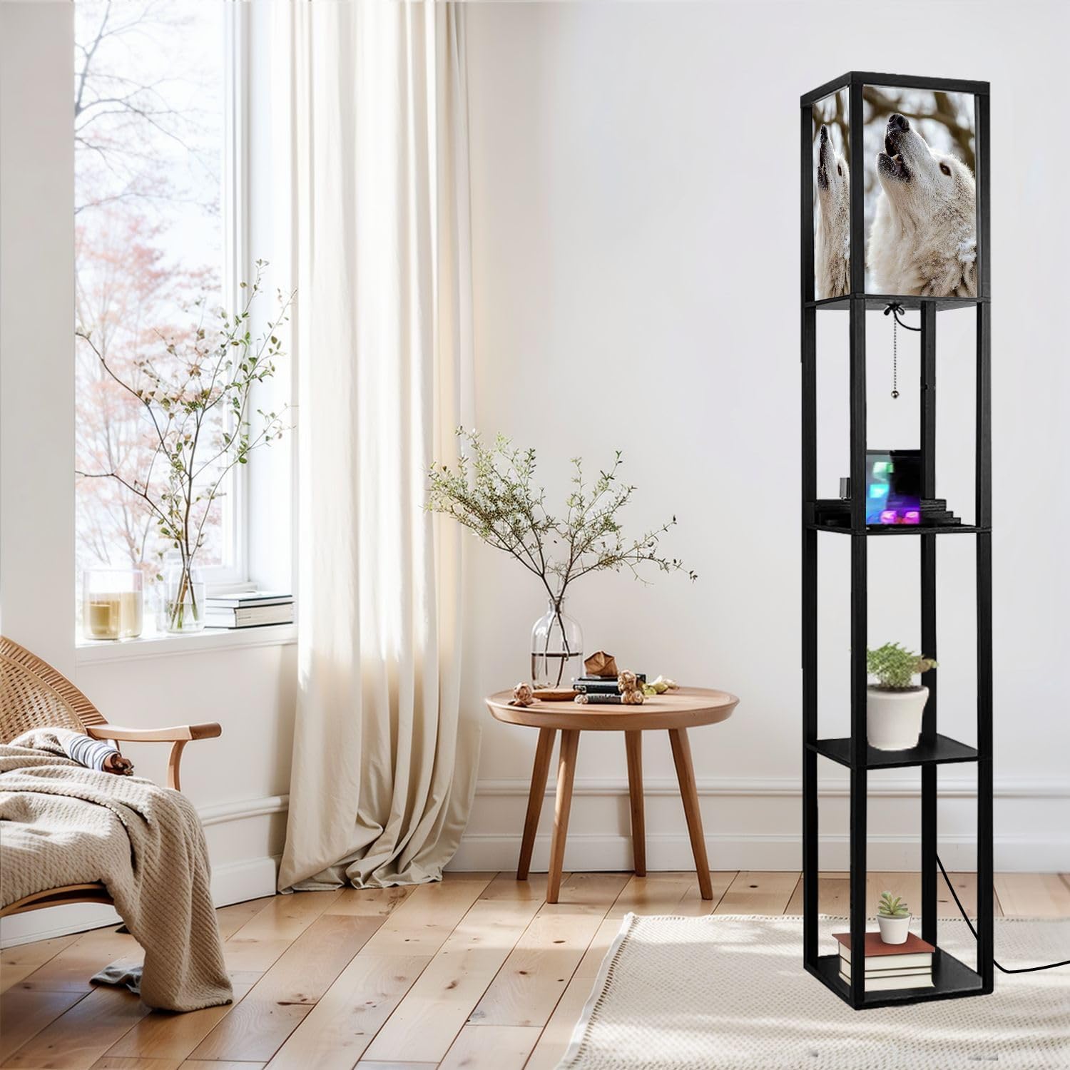 Floor Lamp with Shelves Howling Lupus hudsonicus Standing Tall Lamp USB Ports & Power Outlet Modern Corner Lamp Nightstand Light for Living Room Bedroom
