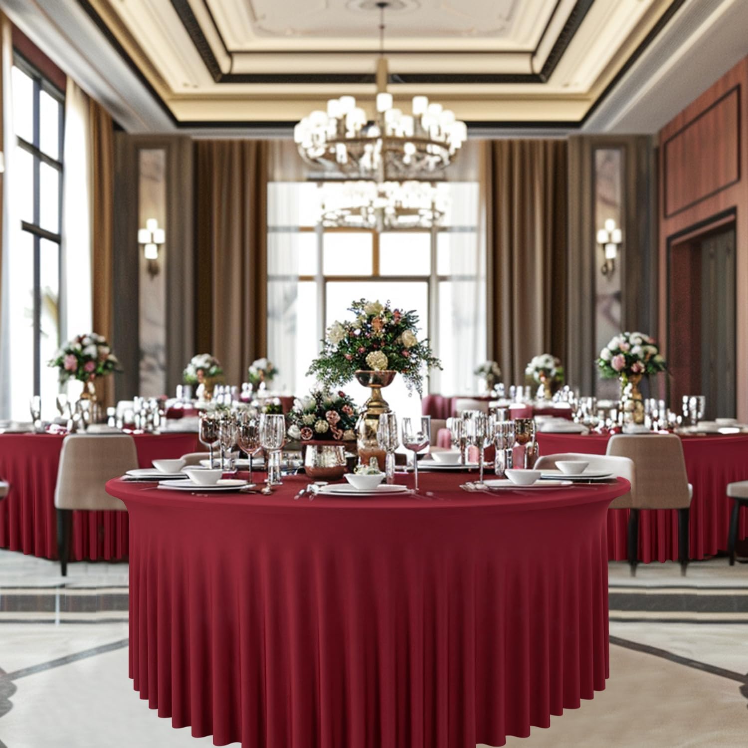 leegleri 8 Pack Burgundy 60inch Spandex Round Tablecloths, Stretchy 120inch Fitted 5FT Round Table Cloths, Wrinkle Free Table Cover with Skirt for Wedding Party Dining Banquet