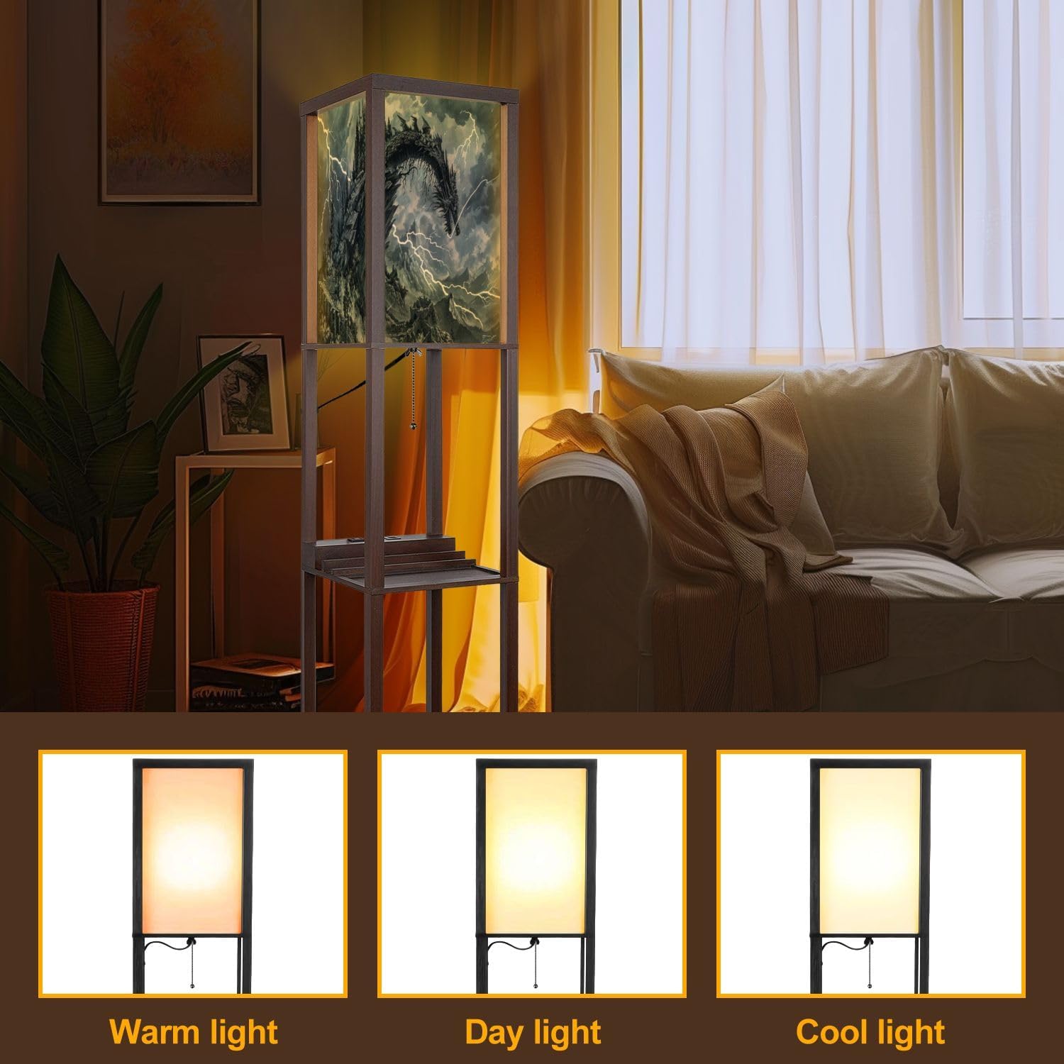 Floor Lamp with Shelves Dragon Shaped Crag Ruined Fortress Monochromatic Art Standing Tall Lamp USB Ports & Power Outlet Modern Corner Lamp Nightstand Light for Living Room Bedroom