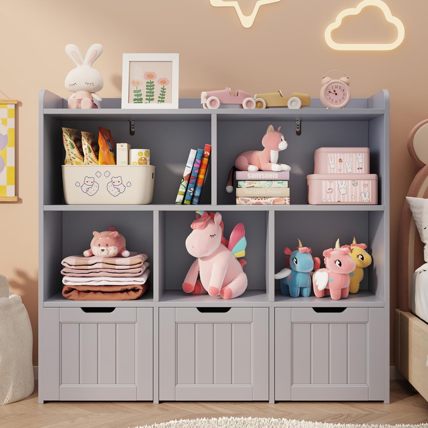 Gizoon Toy Storage Organizer with 3 Movable Drawers and 6 Open Shelves Kids Bookshelf Featuring Fall Prevention Barrier for Playroom Nursery Kids Room Organization, Gray, Painted