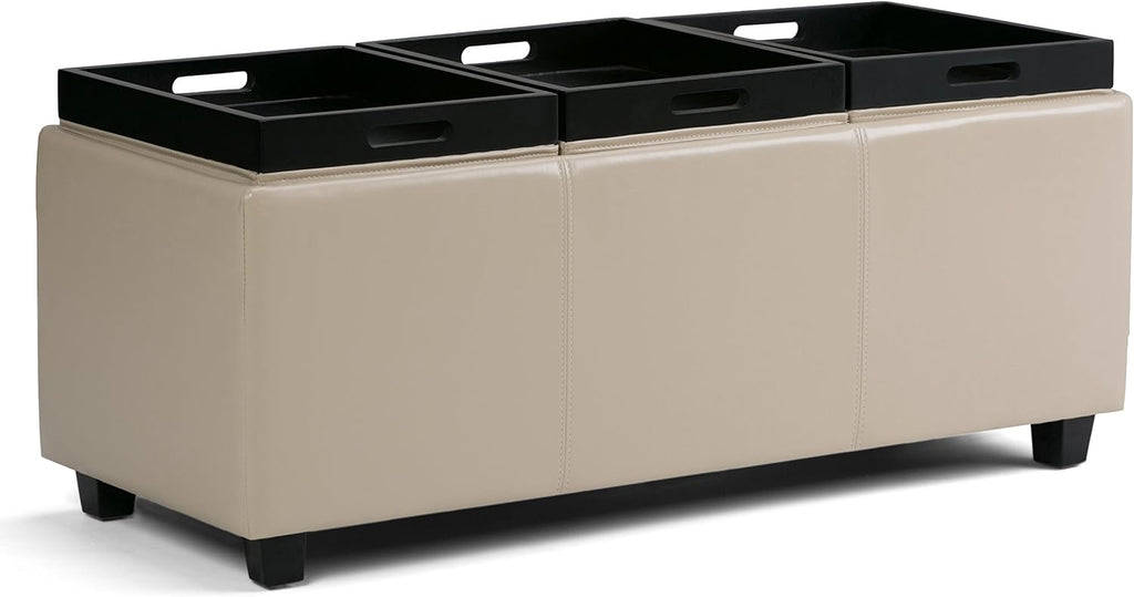 SIMPLIHOME Avalon Storage Ottoman - 42 inch Wide Upholstered Vegan Leather Rectangular Flip-Top Ottoman in Satin Cream, Contemporary Coffee Table Ottoman for Living Room with Hidden Storage