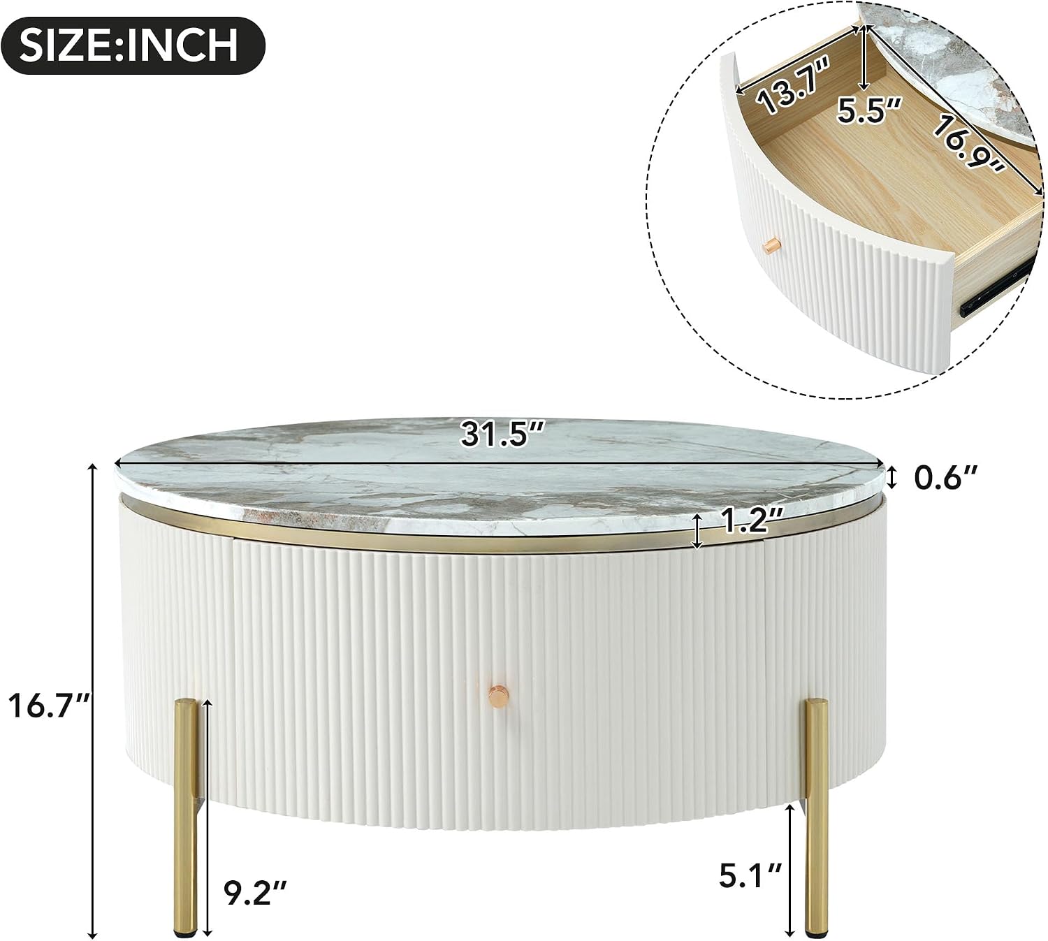 JUSTONE Modern Round White & Gold Coffee Table with Drawers,Drum Coffee Table with Golden Legs Circular Center Table with Marble Pattern Top for Living Room Apartment Office-White
