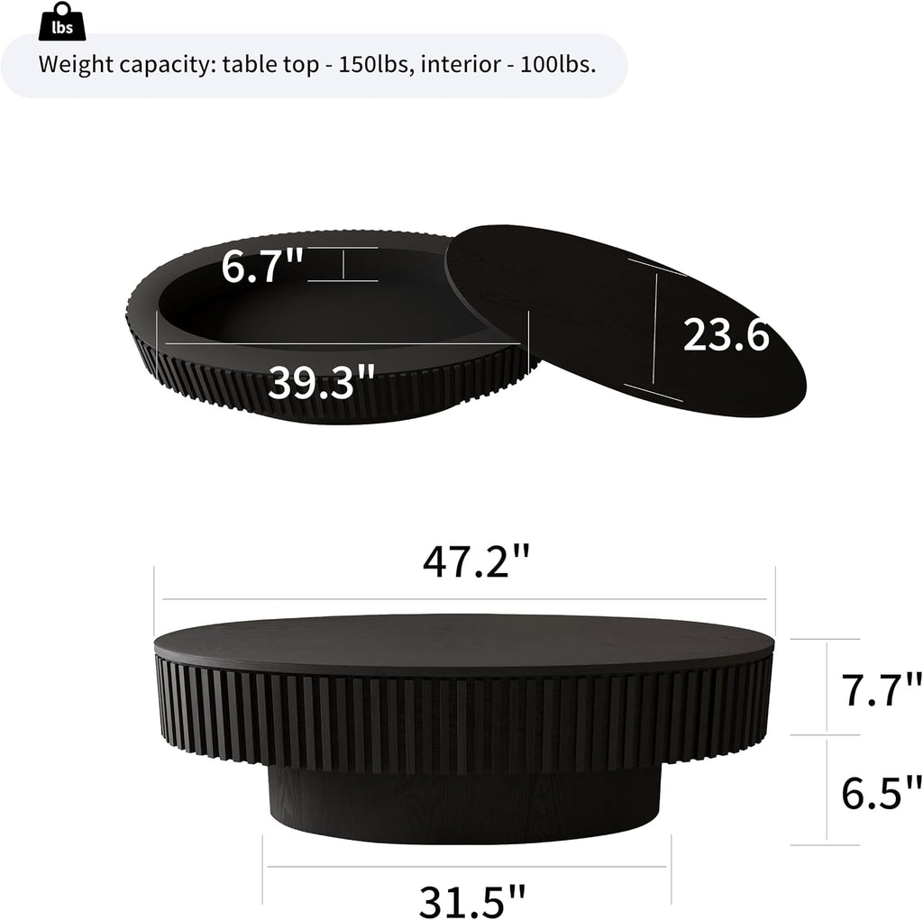Oval Coffee Table with Storage for Living Room Fluted Pedestal Coffee Table Modern Handcrafted Centre Table for Apartment, Easy Assembly 47.2'x23.6', Black