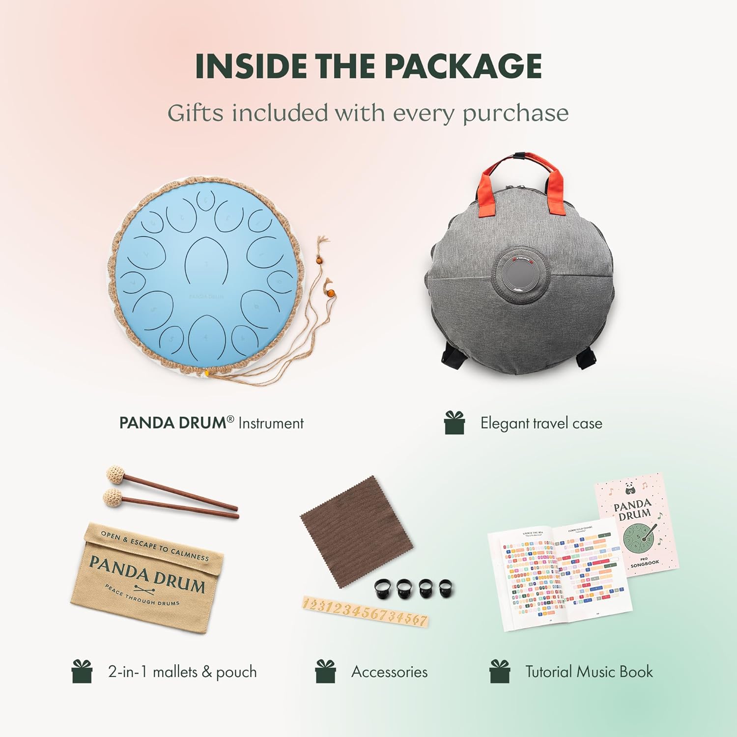 Panda Drum Pro (Blue) | Steel Tongue Handpan with Music Book, Mallets, Carrying Bag & Finger Picks | 15 inch, 432 Hz | Rain Drum for Inside & Outside | Calming Musical Instrument for Adults & Kids