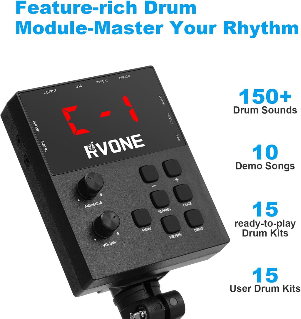 RVONE Electric Drum Set with Kick Hammer Pedal, Electronic Drum Kit for Kids Adult Beginner with 150 Sounds, 10' Cymbals, 4 Quiet Mesh Pads, all-in-one drum set with Throne, Headphones, Sticks