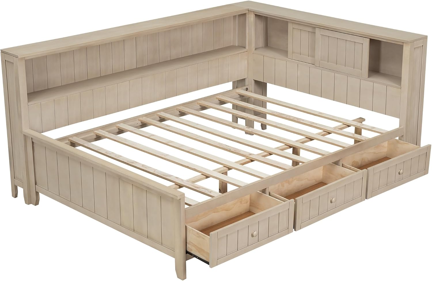 Full Size Daybed with Storage Shelves and 3 Drawers, Antique White Milk, Solid Wood + MDF, Farmhouse Corner Daybed Frame with Storage for Living Room, Bedroom, Guest Room