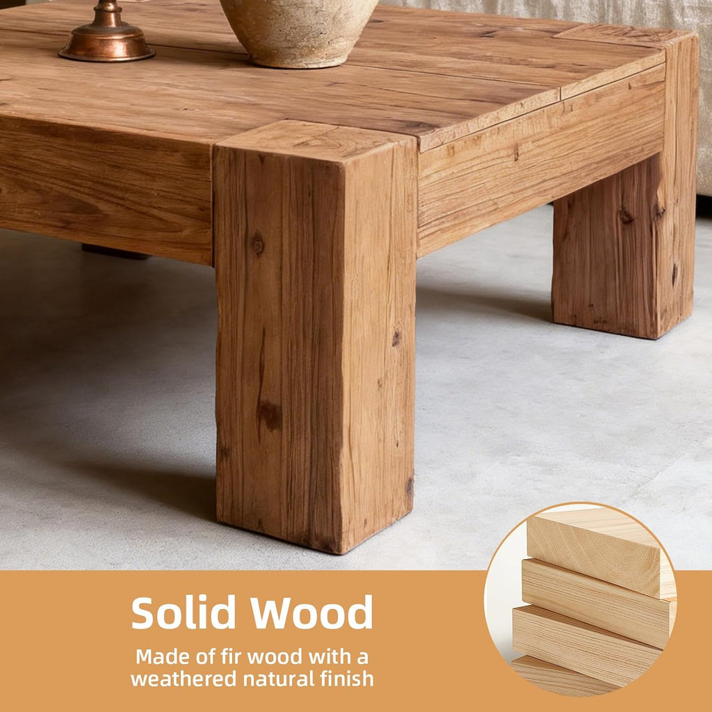 SSLine Solid Wood Coffee Table 39.4-Inch Square Coffee Table for Living Room,Farmhouse Cocktail Center Tables with Thicken Top and Sturdy Legs,Walnut