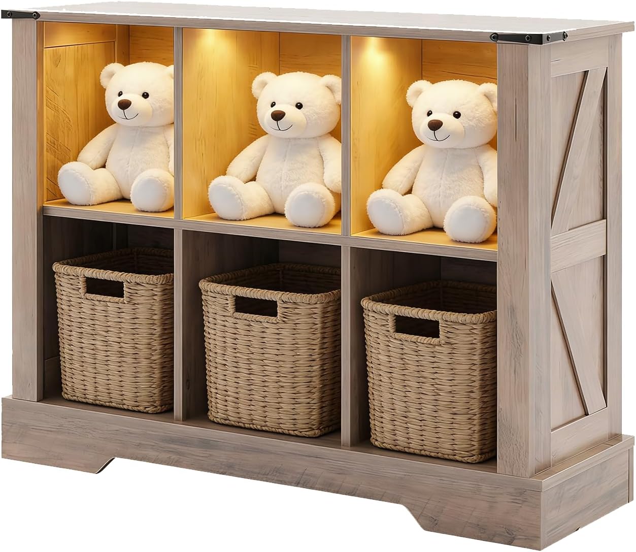6 Cube Bookcase, Wooden Cube Storage Organizer Shelf, Grey Horizontal Book Shelf with LED Lights, Freestanding Display Cabinet for Living Room, Bedroom, Home Office