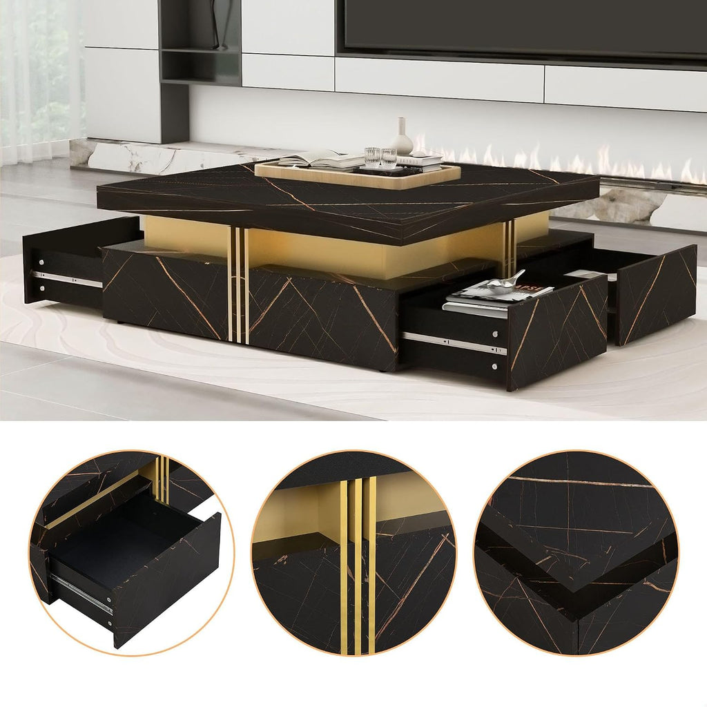 GDFStudio Barsv Modern Square Coffee Table with 4 Drawers, Stylish Storage Accent Table, Living Room Furniture with Ample Space, Remote Control Organizer, Glam Home Decor, Black + Gold