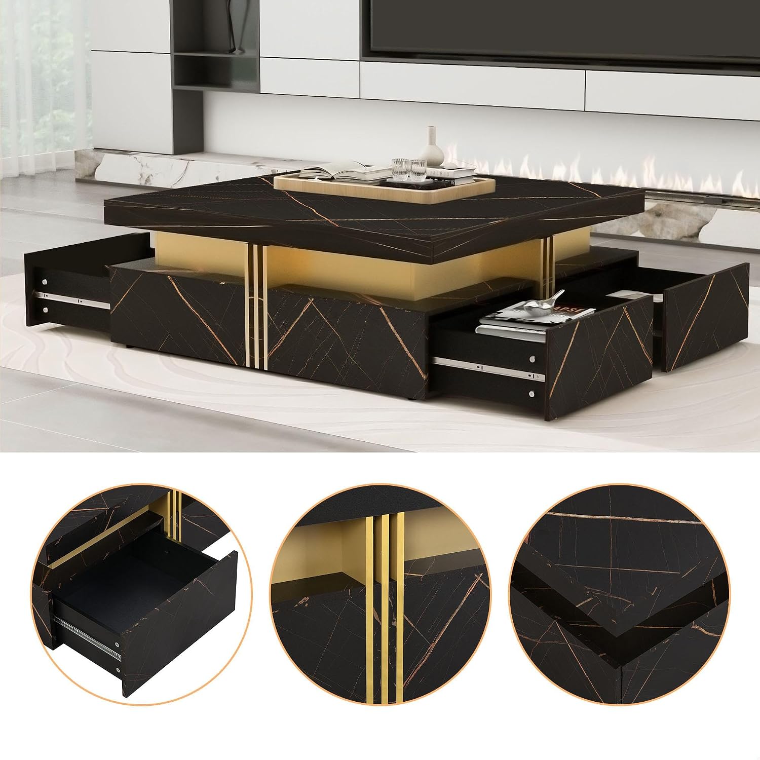 GDFStudio Barsv Modern Square Coffee Table with 4 Drawers, Stylish Storage Accent Table, Living Room Furniture with Ample Space, Remote Control Organizer, Glam Home Decor, Black + Gold