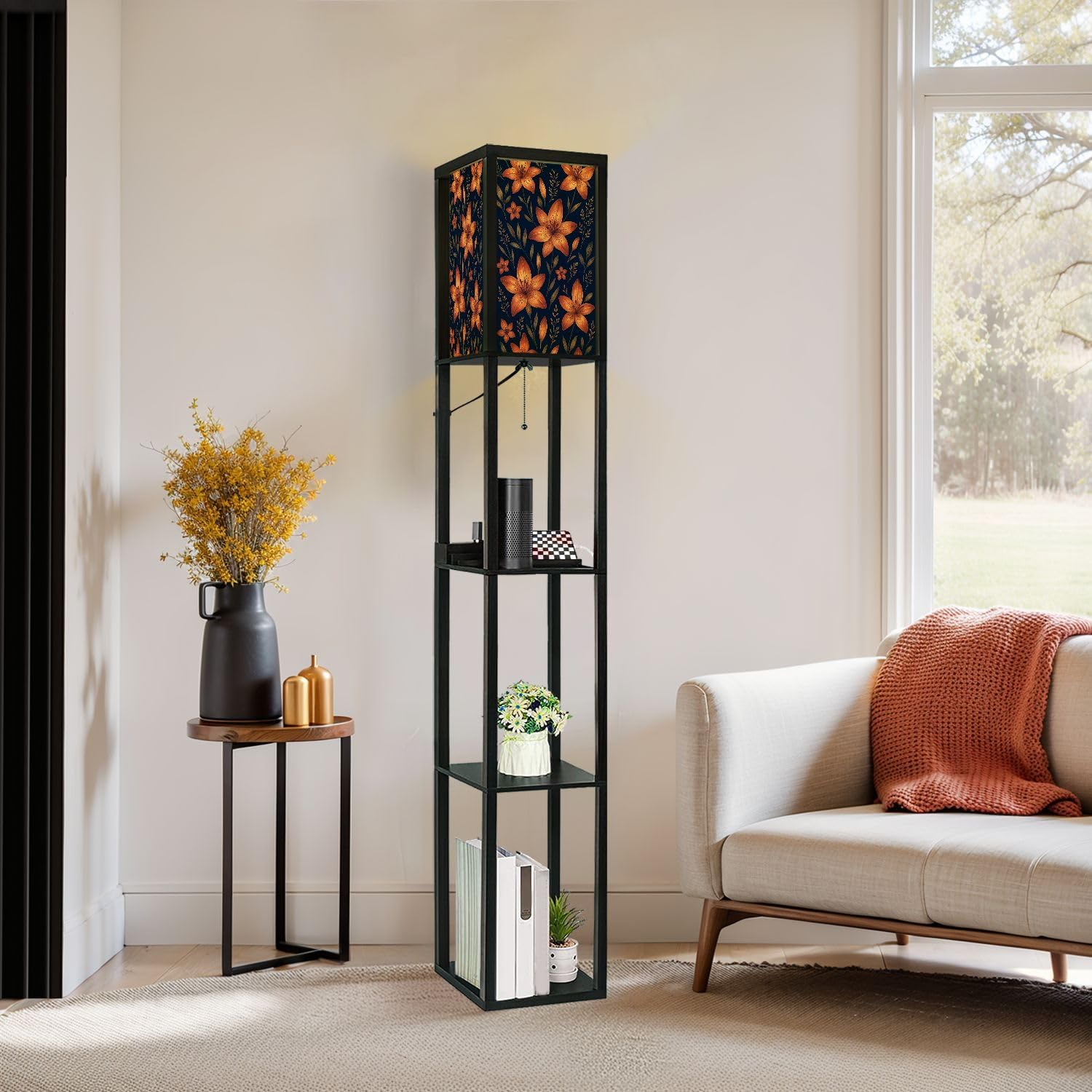 Floor Lamp with Shelves Watercolor Made Tiger Lilies Wild Herbs Standing Tall Lamp USB Ports & Power Outlet Modern Corner Lamp Nightstand Light for Living Room Bedroom