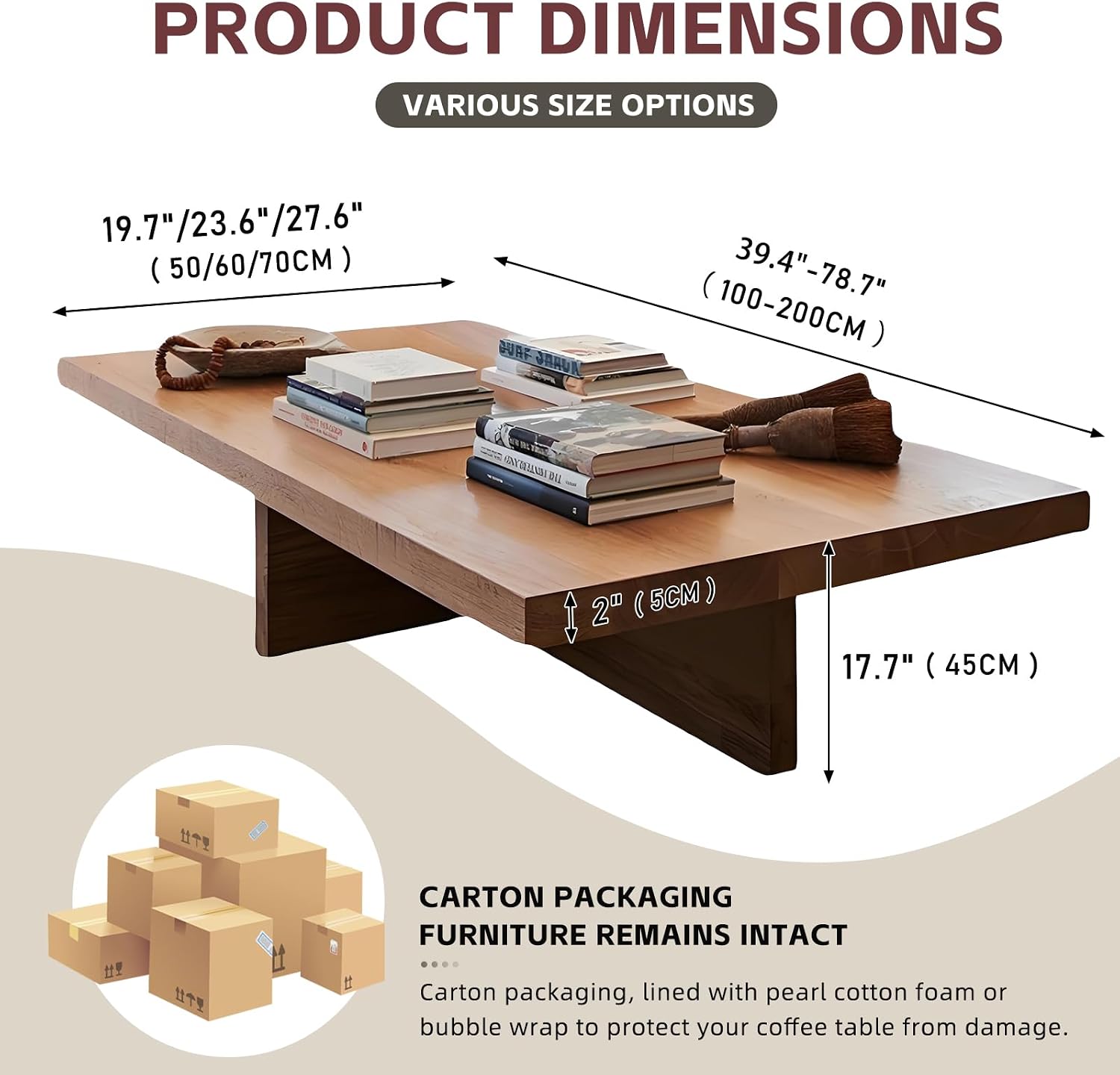 Solid Wood Coffee Table, Farmhouse Square Center Table, 2' Thick Tabletop, Durable Natural Wood Grain, Living Room Table for Living Room & Office