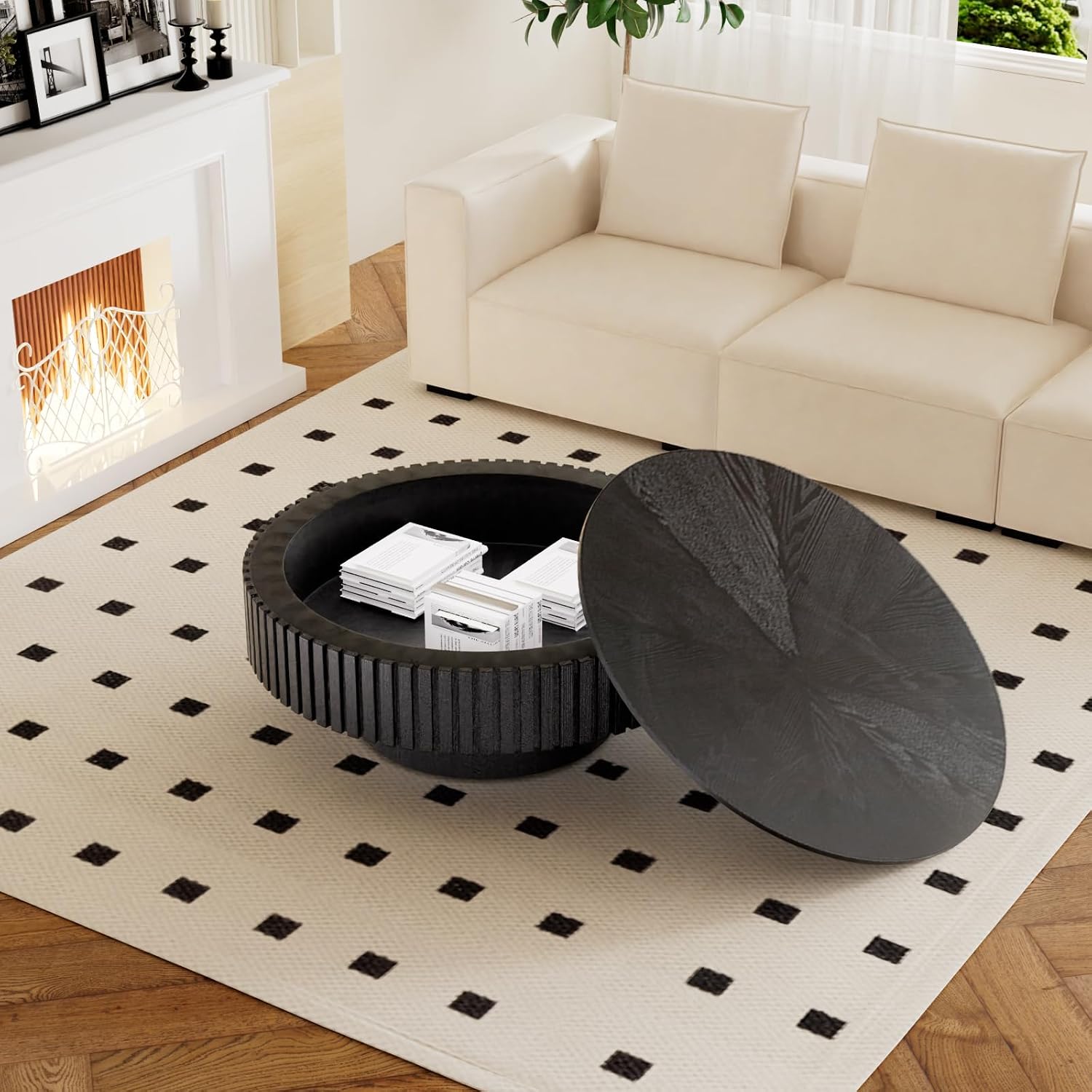 Round Coffee Table with Storage for Living Room Modern Black Fluted Drum Coffee Table 31.4 inch Low Round Storage Coffee Tables for Living Room (Black A, 31.4')