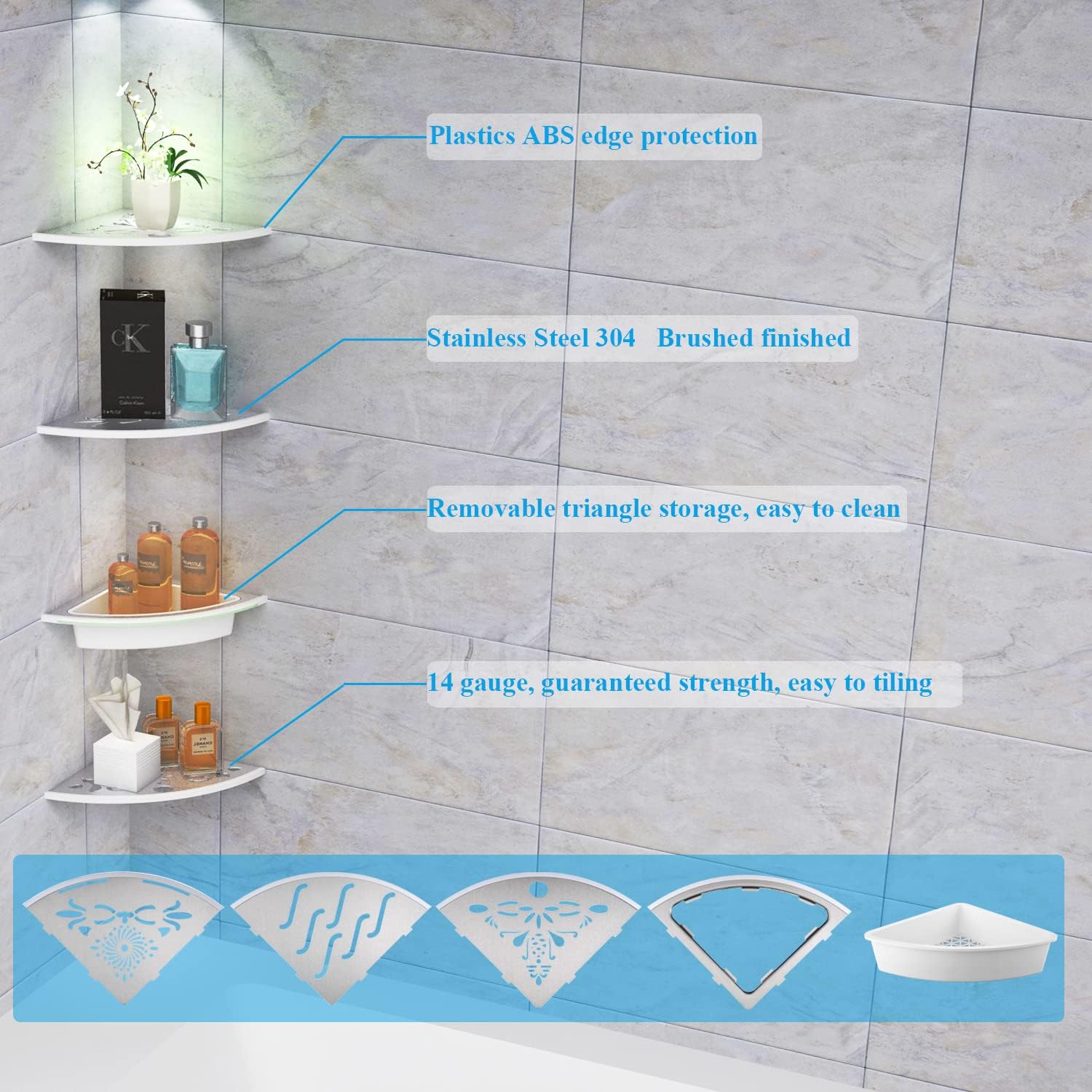 Uni-Green Corner Shower Niche, 14x60 Inch Tall Triangle Bathroom Shelf with 4 Adjustable Stainless Steel Shelves & Pre-Cut Light Hole, Black ABS Wall Recessed Storage for Shower and Bathtub
