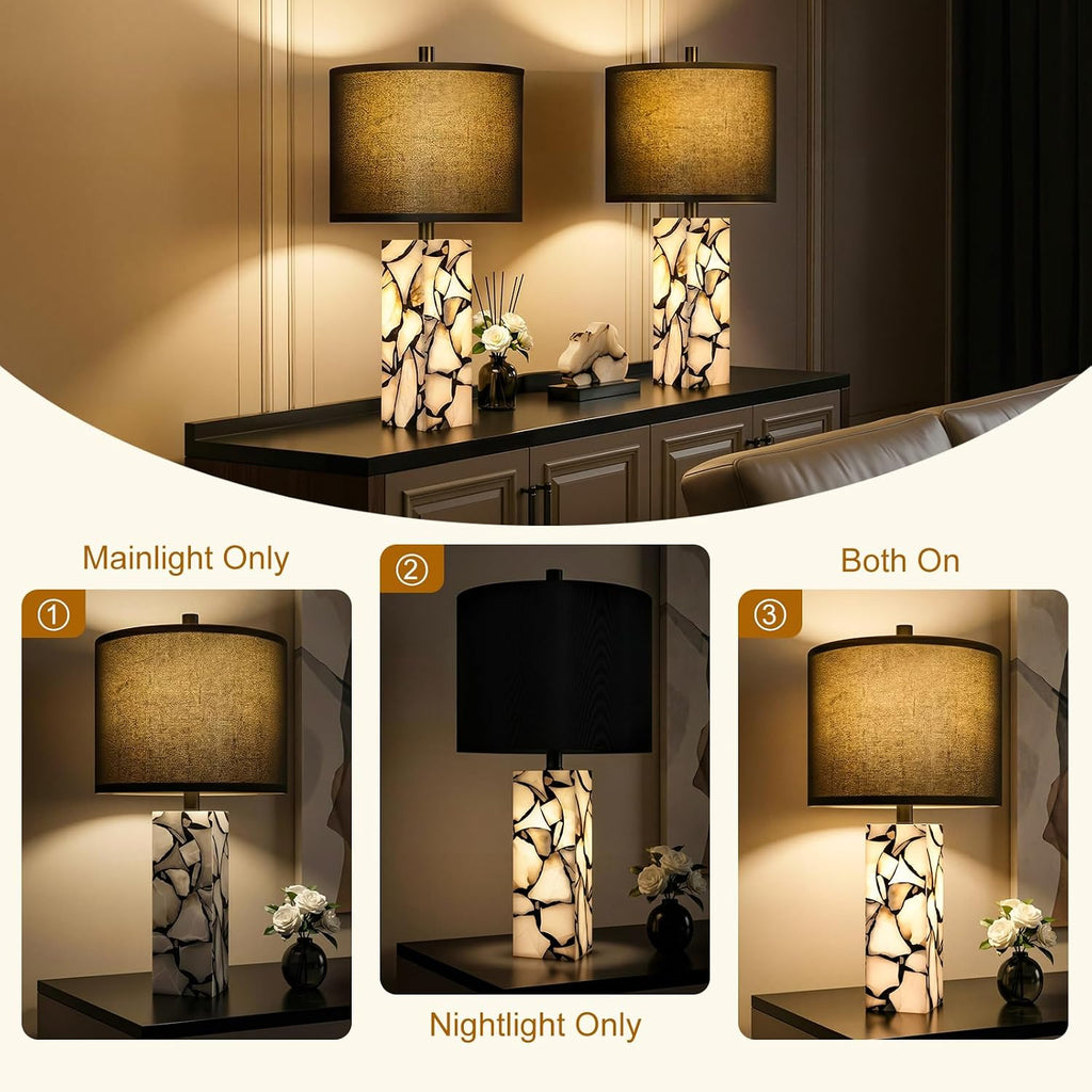 Scenekoy 23' Alabaster Table Lamps Set of 2 with Night Light for Living Room, Rotary Switch, Black Modern Table Lamp with Black Linen Shade, Nightstand Lamp for Bedroom Bedside Office (Bulb Included)