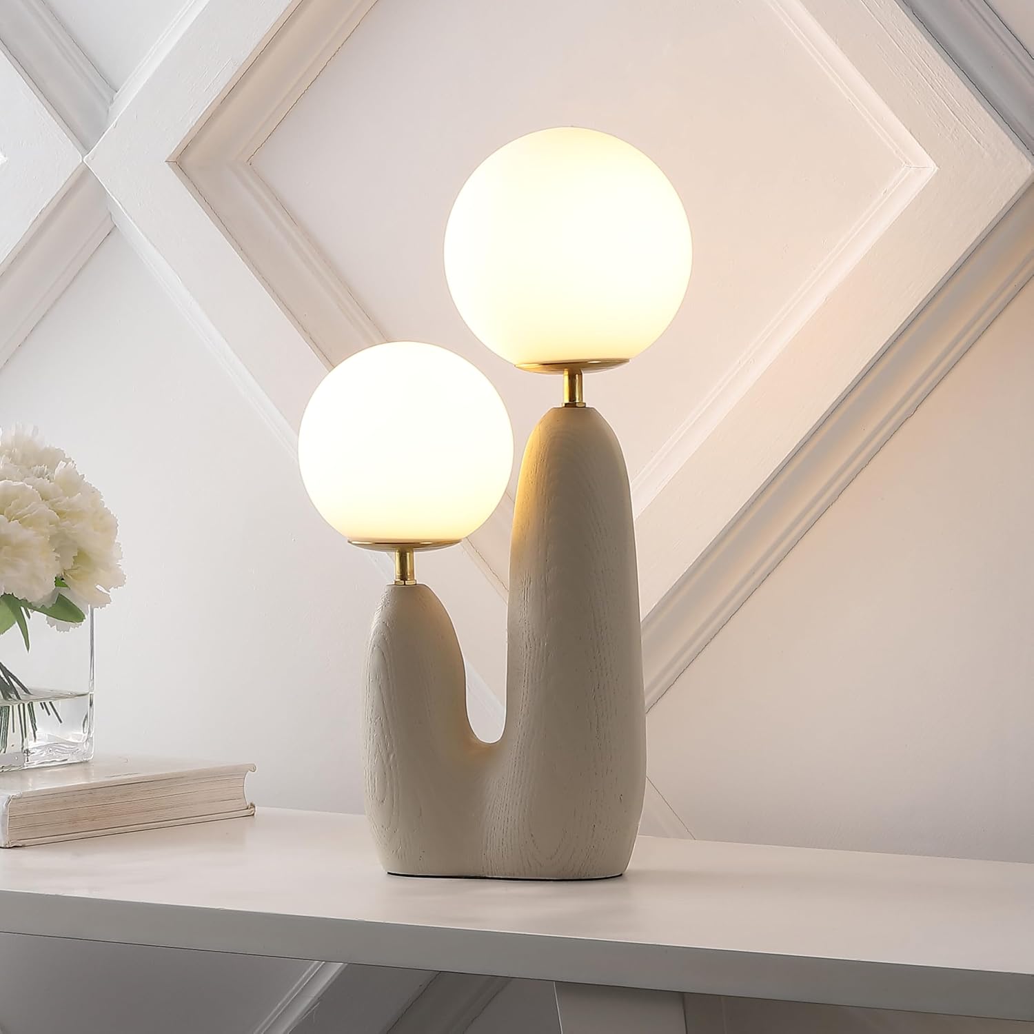 JONATHAN Y 17.75' Almond/Brass Gold Modern Bohemian Danish Cactus LED Table Lamp, 2-Light Mid-Century Minimalist Desk Light for Bedroom Living Room, Frosted Glass Globe Shades (JYL4065C)